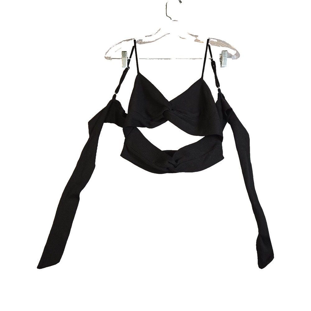 Iris Medium Top Criss Cross Halter Spaghetti Strap Back Tie Black Knit Cut Out